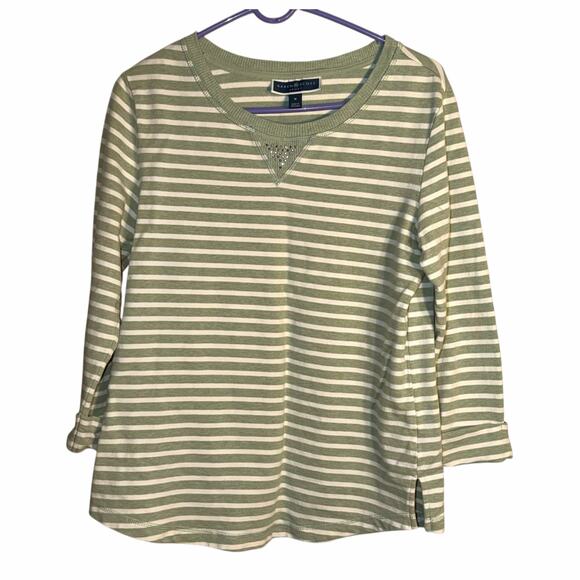 Karen Scott Sport Sage Green & Cream Striped 3/4 Sleeve Top Women’s Medium - Picture 1 of 7